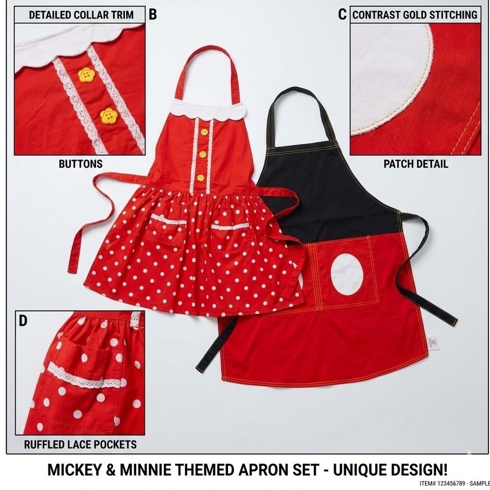 Disney Mickey and Minnie Mouse Character Apron Set Red Polka Dot Retro 2 Pack